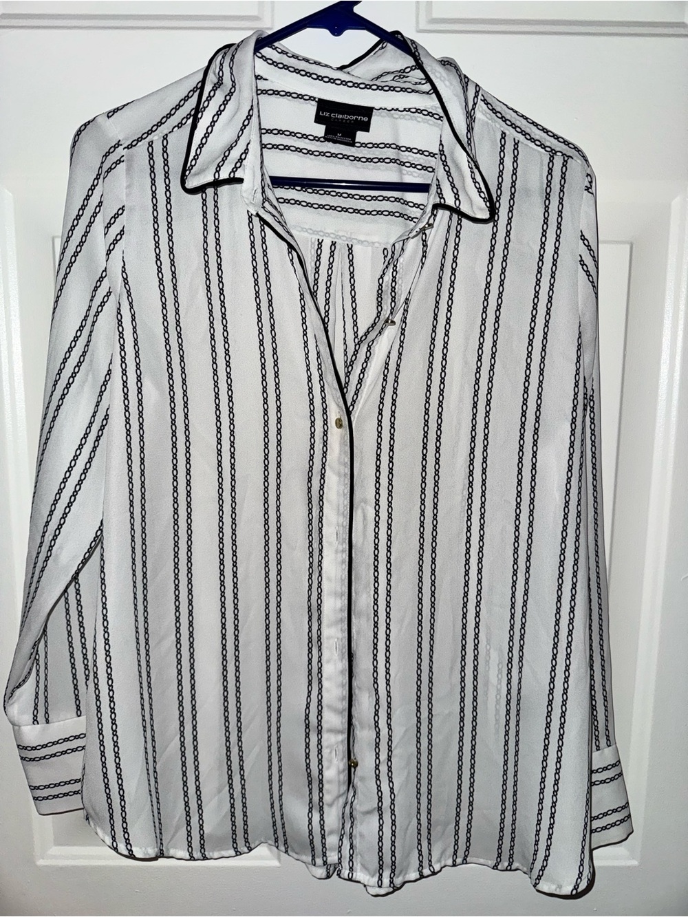 Liz Claiborne White Shirt with Black Chain-Style Stripes